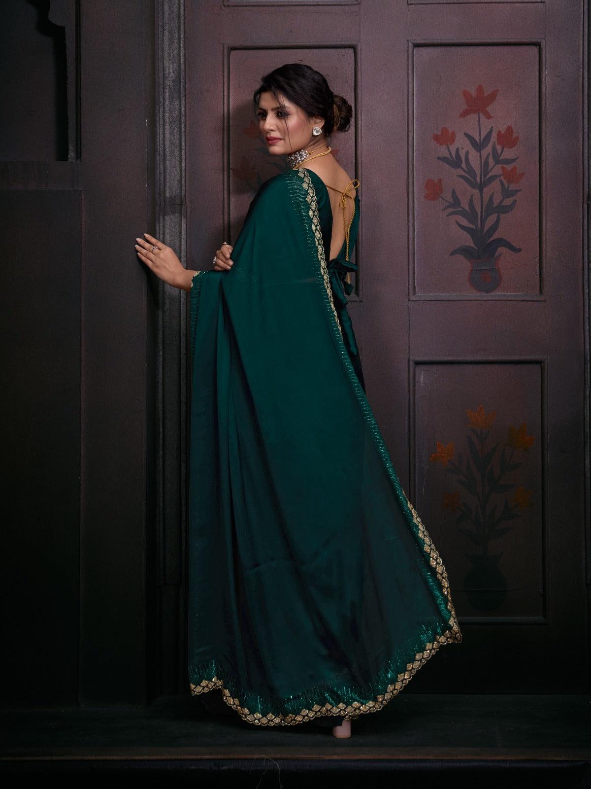 Women's Designer Wear Saree In Greenish Color - INDIASILK