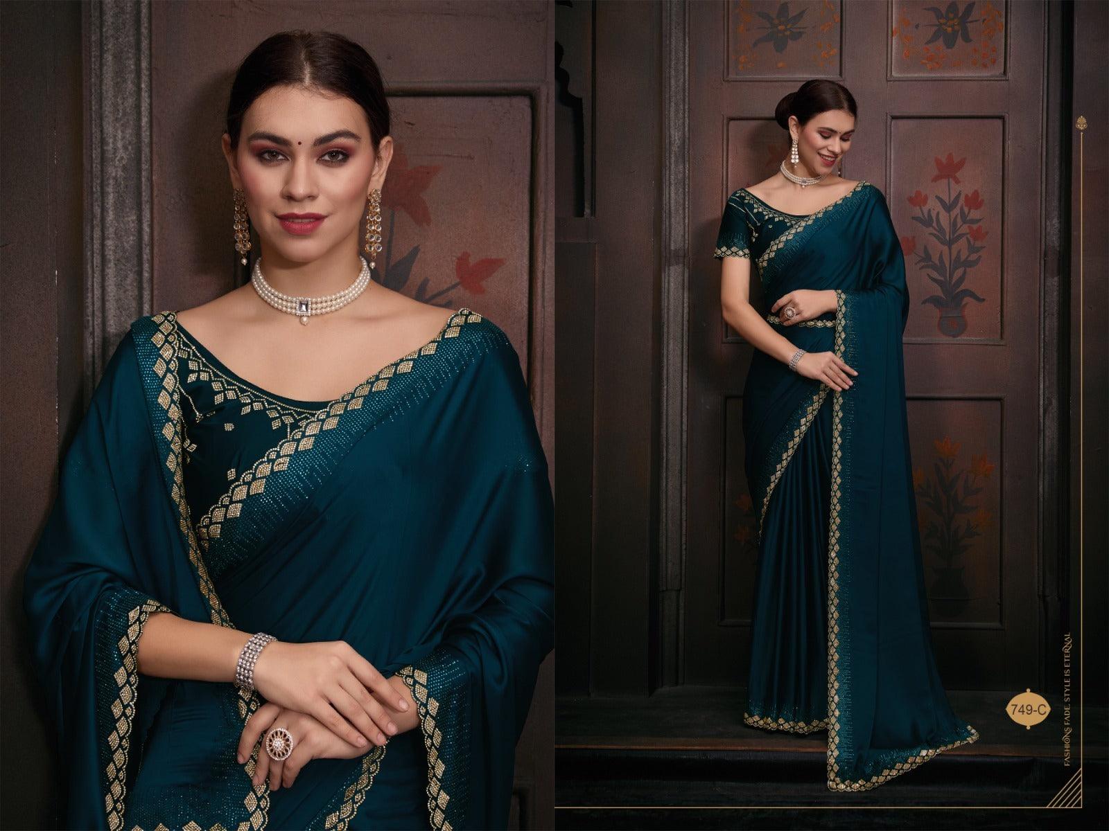 Women's Designer Wear Saree In Greenish Color - INDIASILK